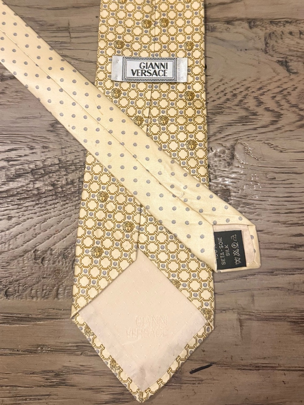 Versace Pale Yellow Geometric Silk Tie with Polka Dot Back